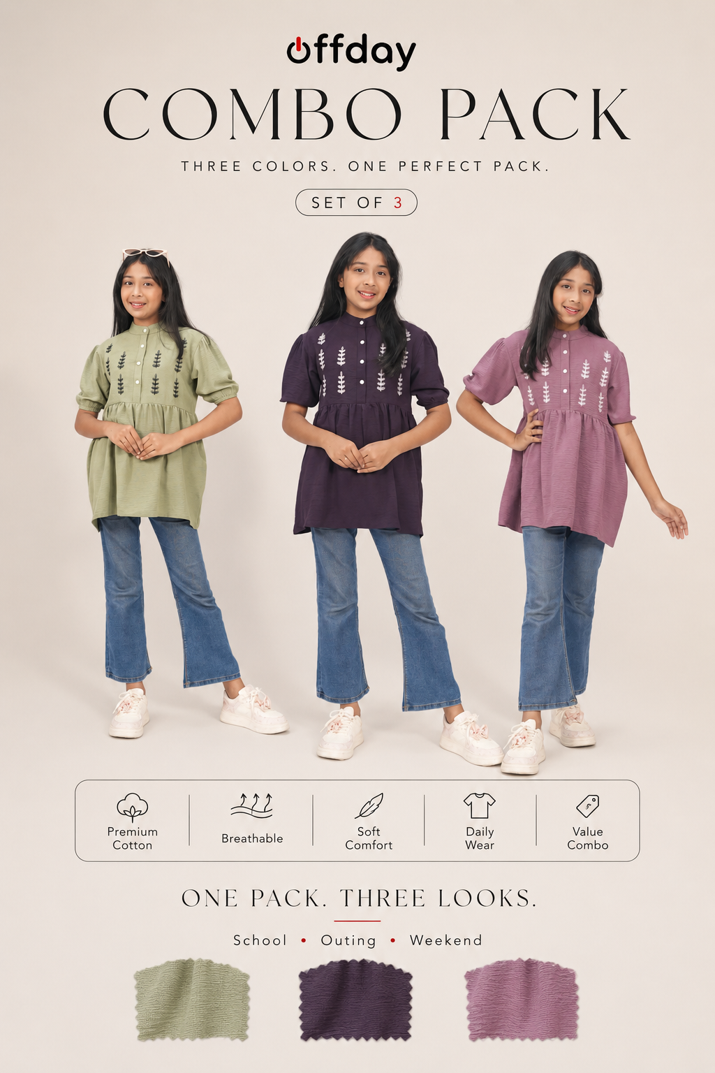 Pink Green Plum- Summer girls Tops (3 Pcs Combo)