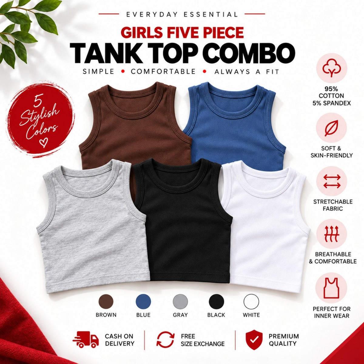 Girls Five Piece Tank Top Combo in brown, blue, gray, black and white