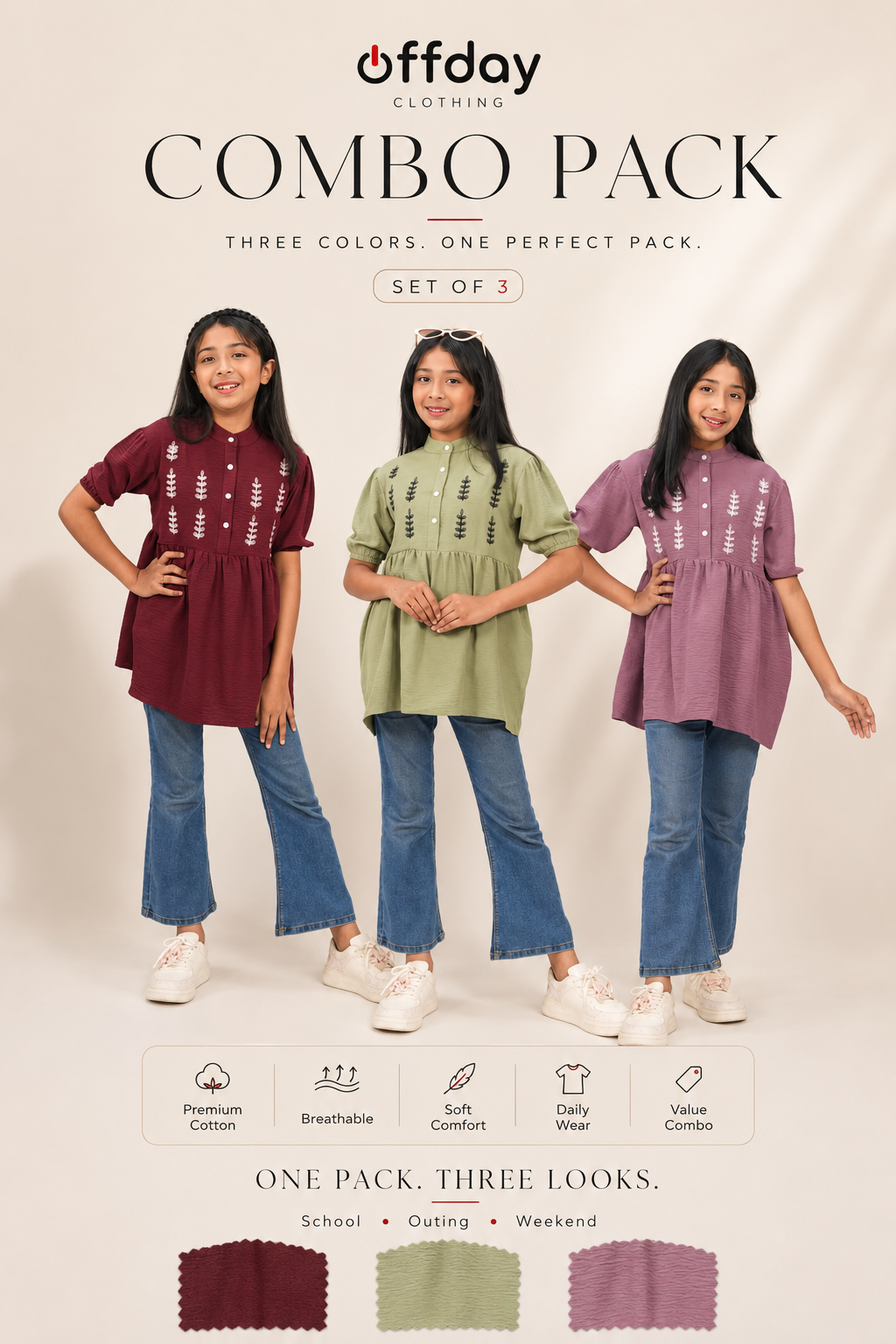 Pink Green Maroon - Summer girls Tops (3 Pcs Combo)