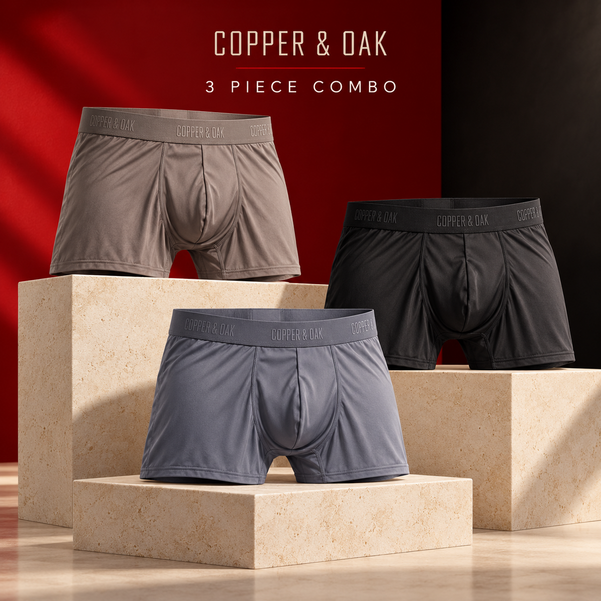 Copper & Oak men's boxer 3 piece combo in taupe gray, black and blue gray