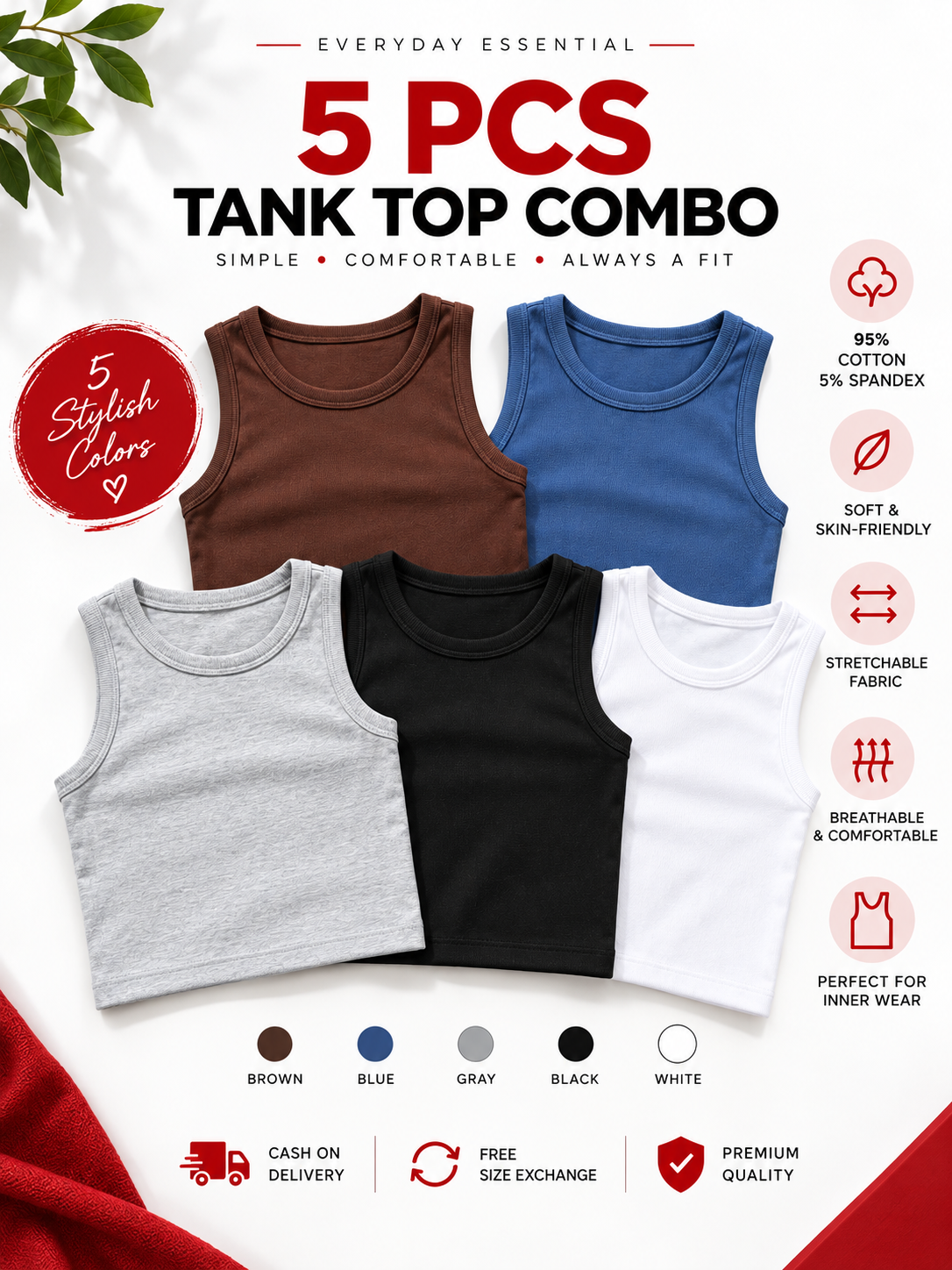 5 PCS Everyday Comfort Tank Top Combo in brown, blue, gray, black and white